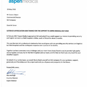 Aspen, May 2018, Letter of appriciation